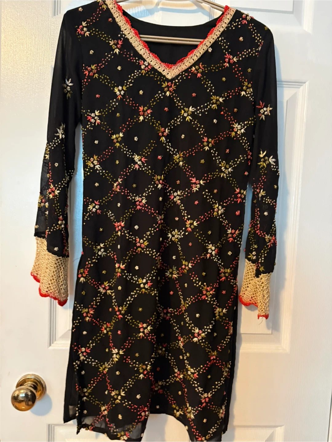 Black Embroidered Kurti Top with Red and Gold Accents