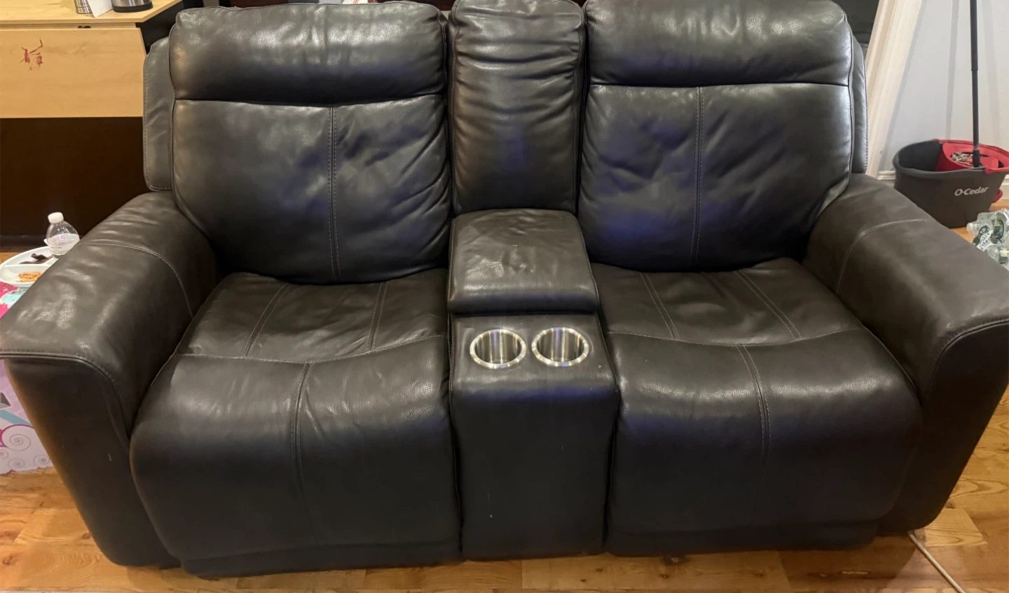 Dark Gray Leather Loveseat Recliner with Cup Holders - photo 2