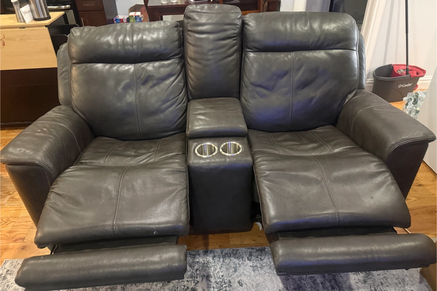 Dark Gray Leather Loveseat Recliner with Cup Holders