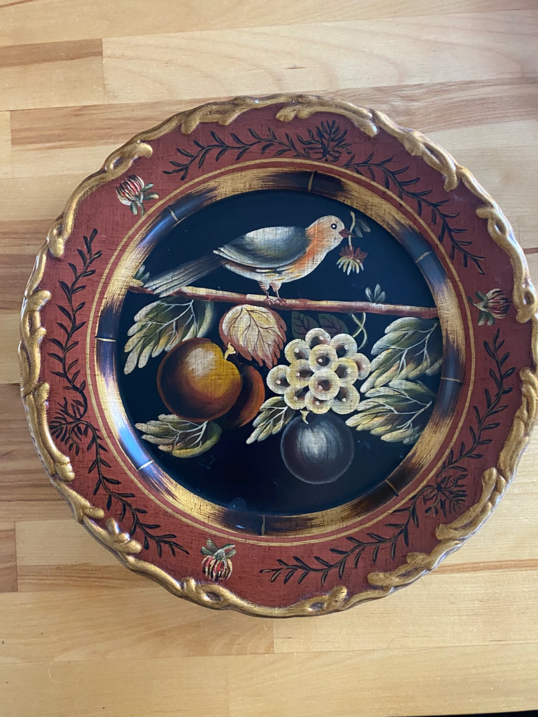 Decorative Plate with Bird and Fruit Design