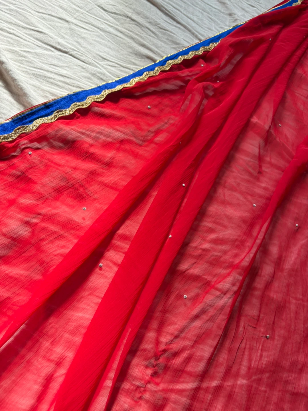 Red & Blue Brocade Skirt, Blouse, and Dupatta Set - photo 4