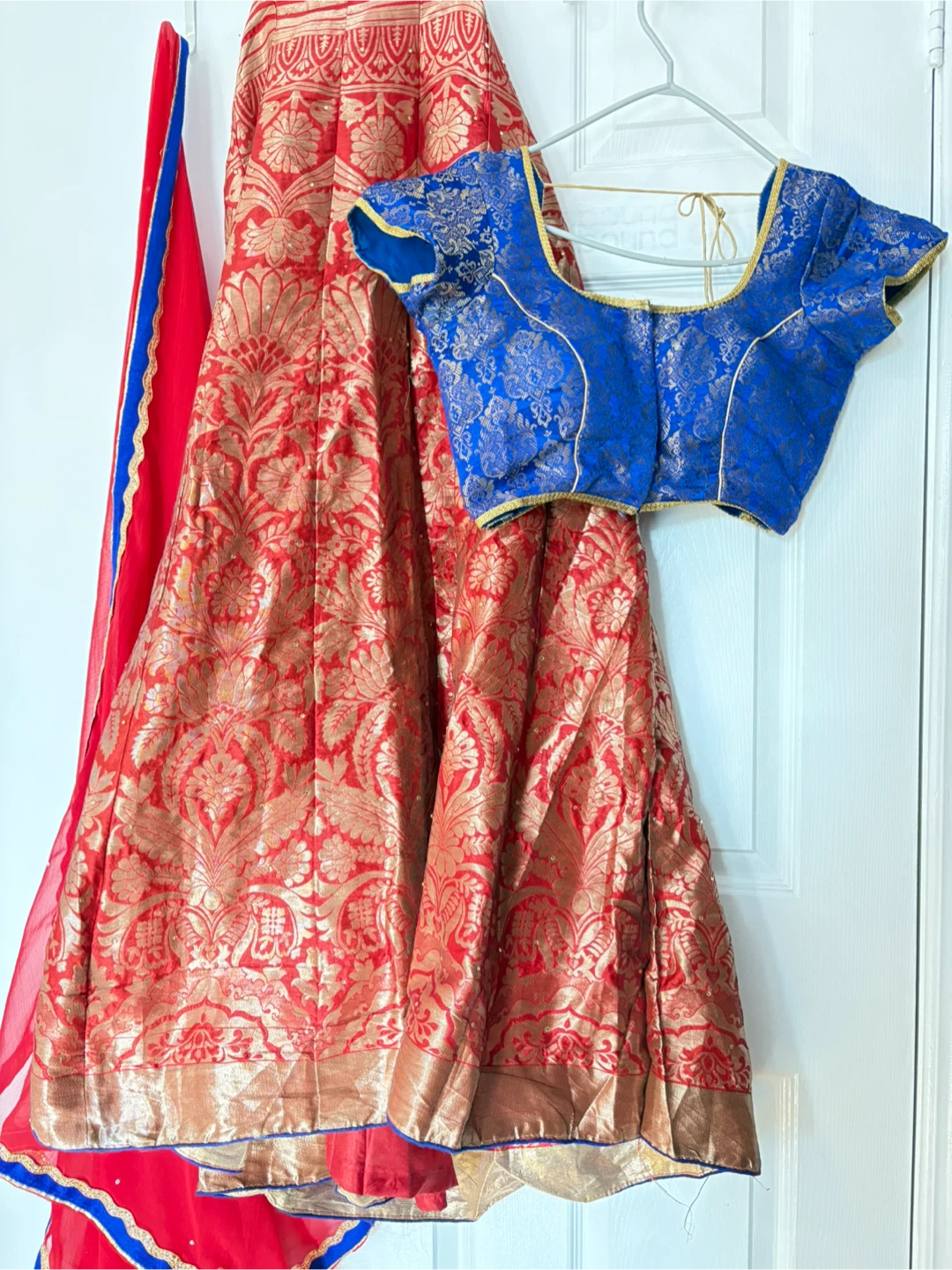 Red & Blue Brocade Skirt, Blouse, and Dupatta Set