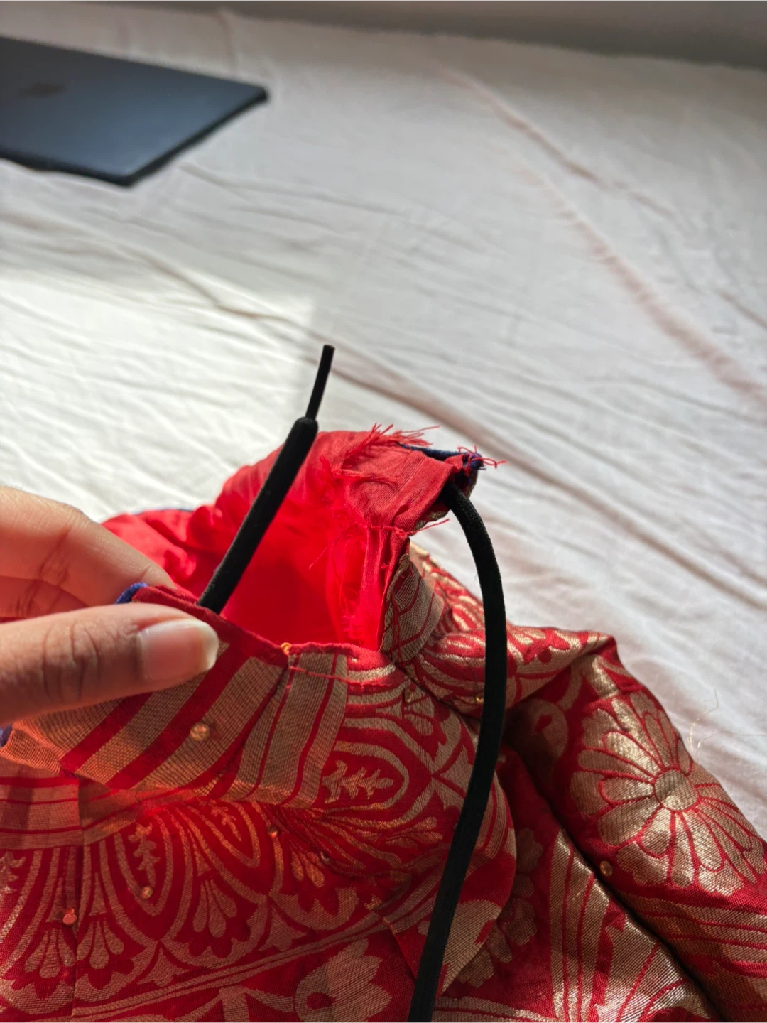 Red & Blue Brocade Skirt, Blouse, and Dupatta Set - photo 5