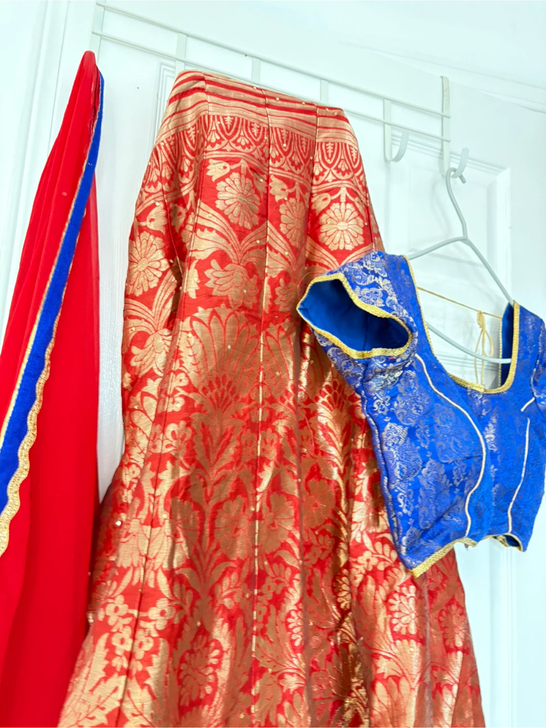 Red & Blue Brocade Skirt, Blouse, and Dupatta Set - photo 2