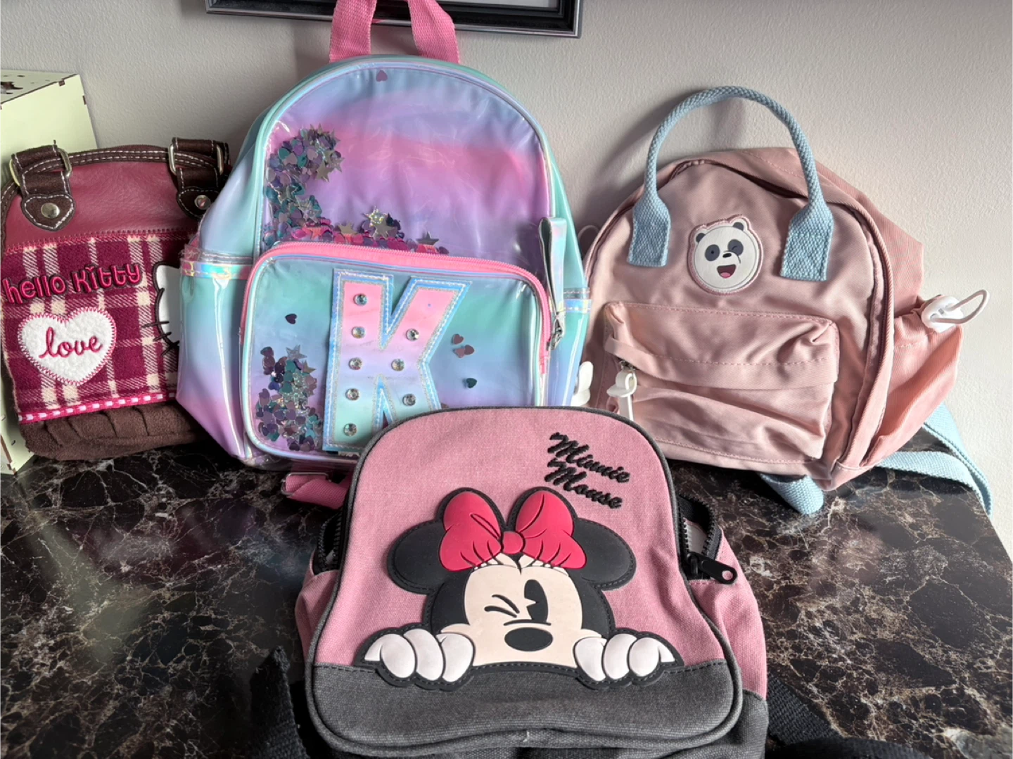 Backpacks: Hello Kitty, Shimmer 'K', Panda, Minnie Mouse