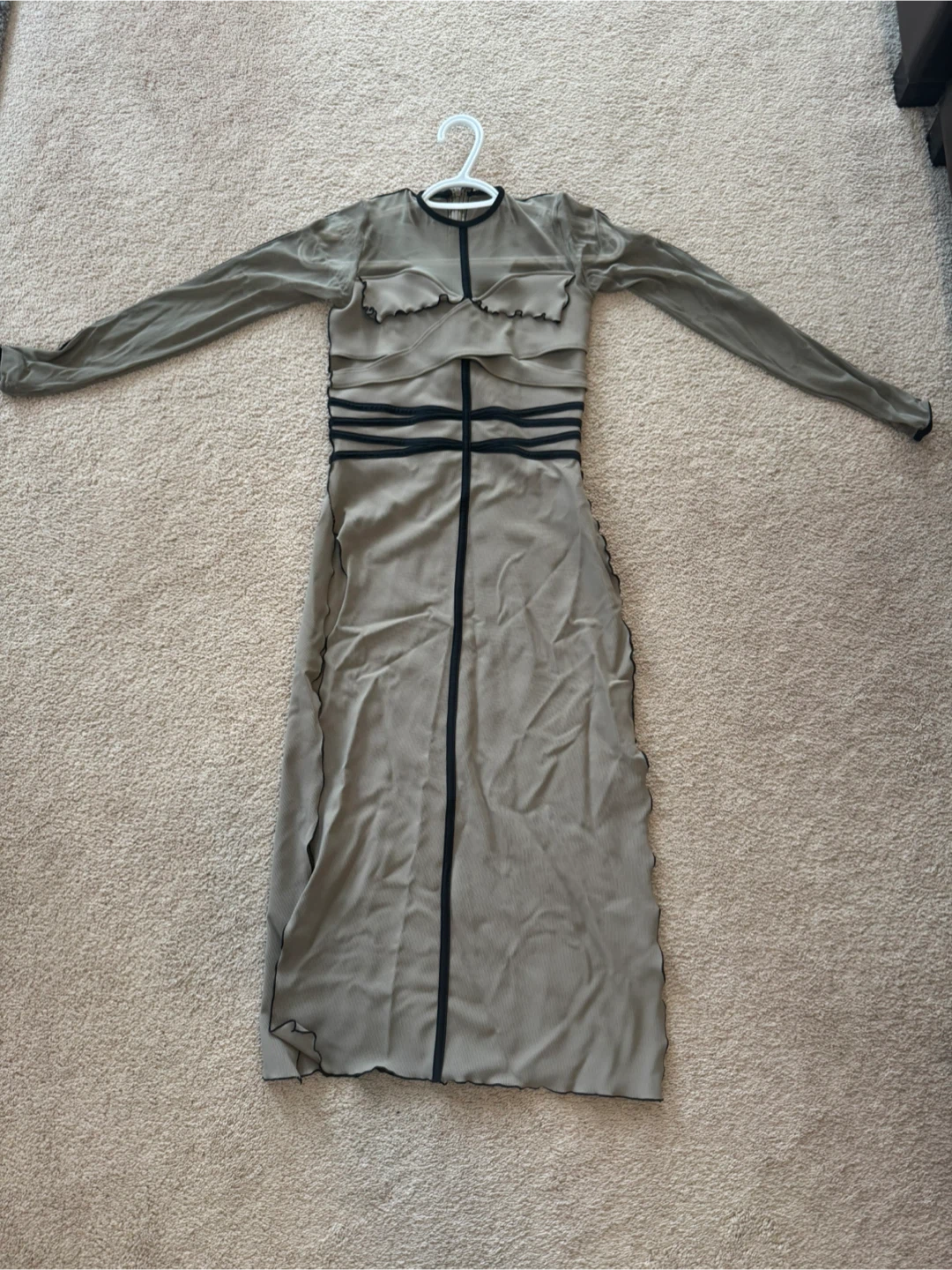 Tan Mesh Long Sleeve Dress with Black Trim