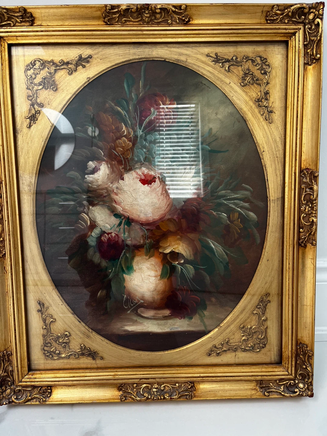 Framed Floral Still Life Oval Painting