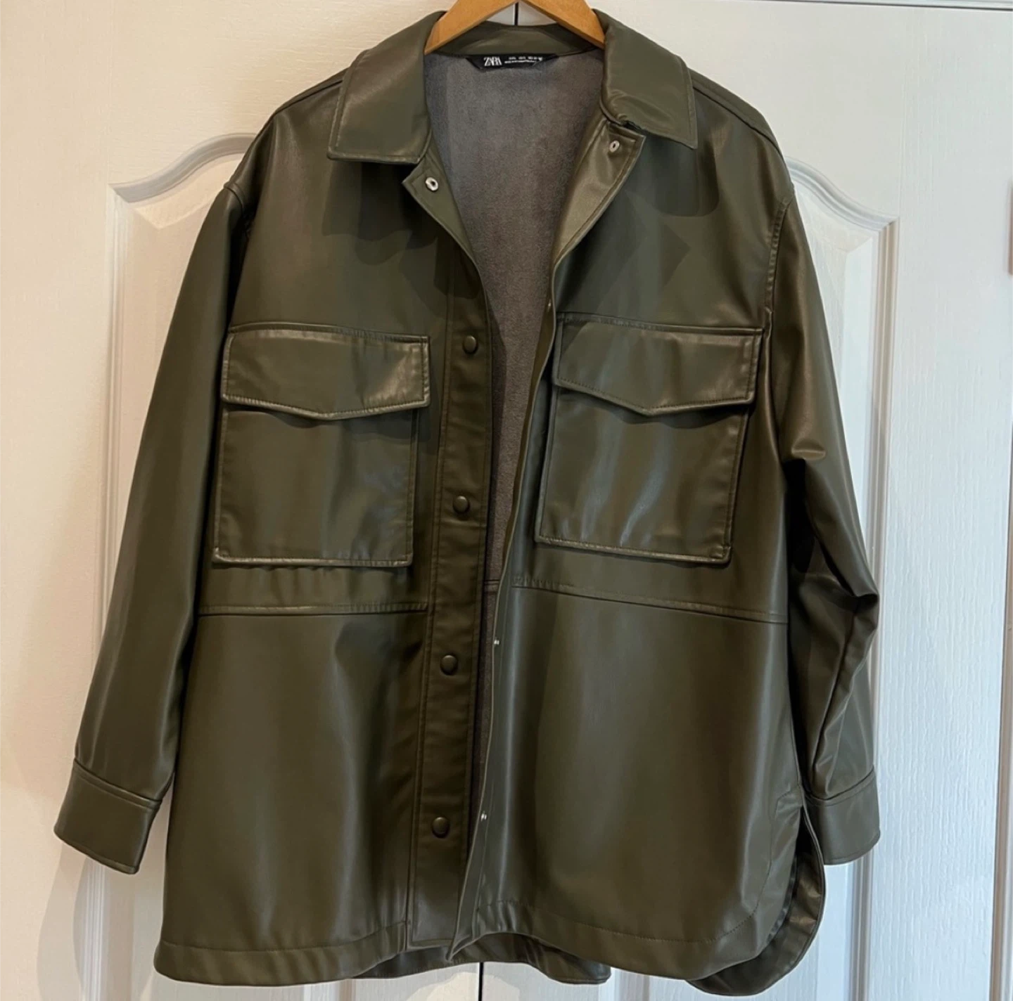 ZARA Faux Leather Overshirt Jacket - Olive Green