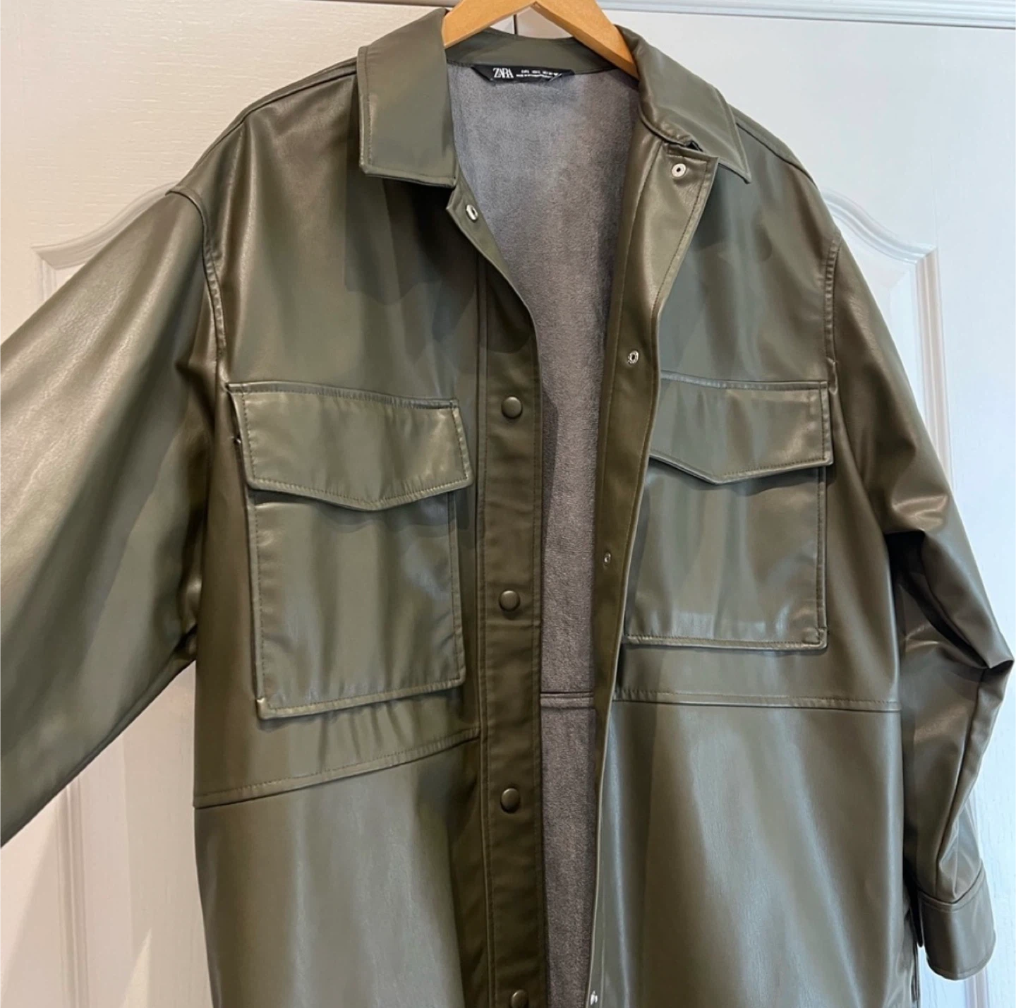 ZARA Faux Leather Overshirt Jacket - Olive Green - photo 2