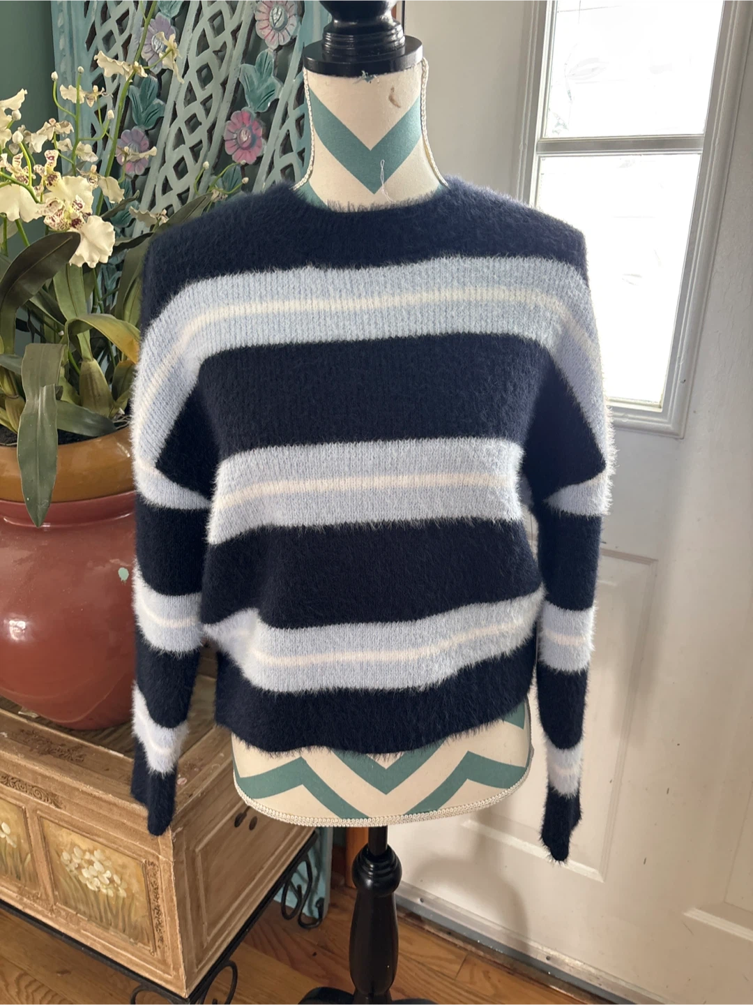 Navy Blue & Light Blue Striped Fuzzy Sweater - photo 2