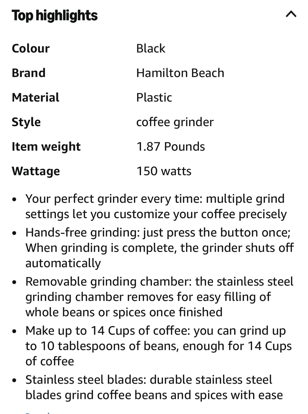 Hamilton Beach 80393C Coffee Grinder, Black, 14 Cups - photo 2