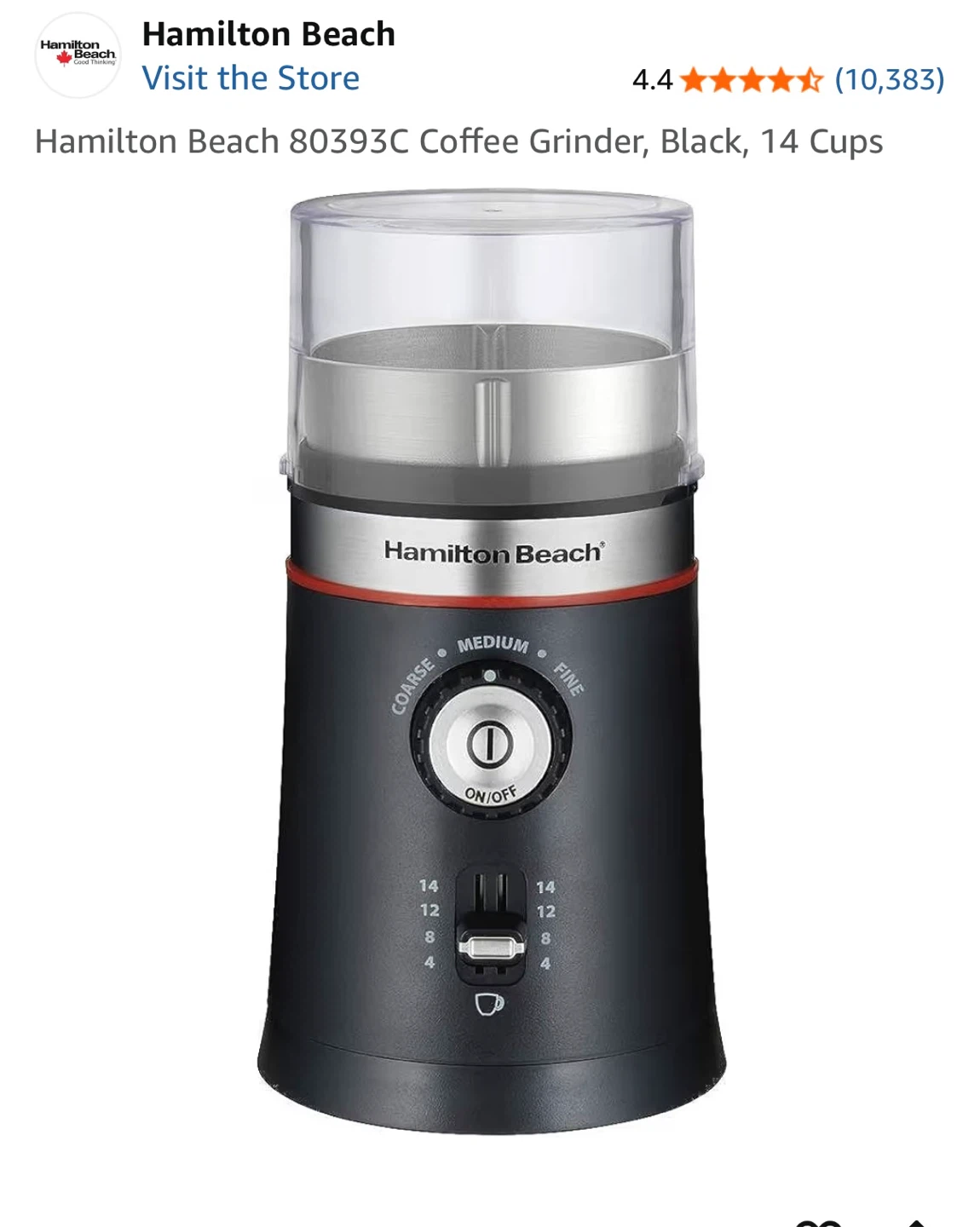 Hamilton Beach 80393C Coffee Grinder, Black, 14 Cups