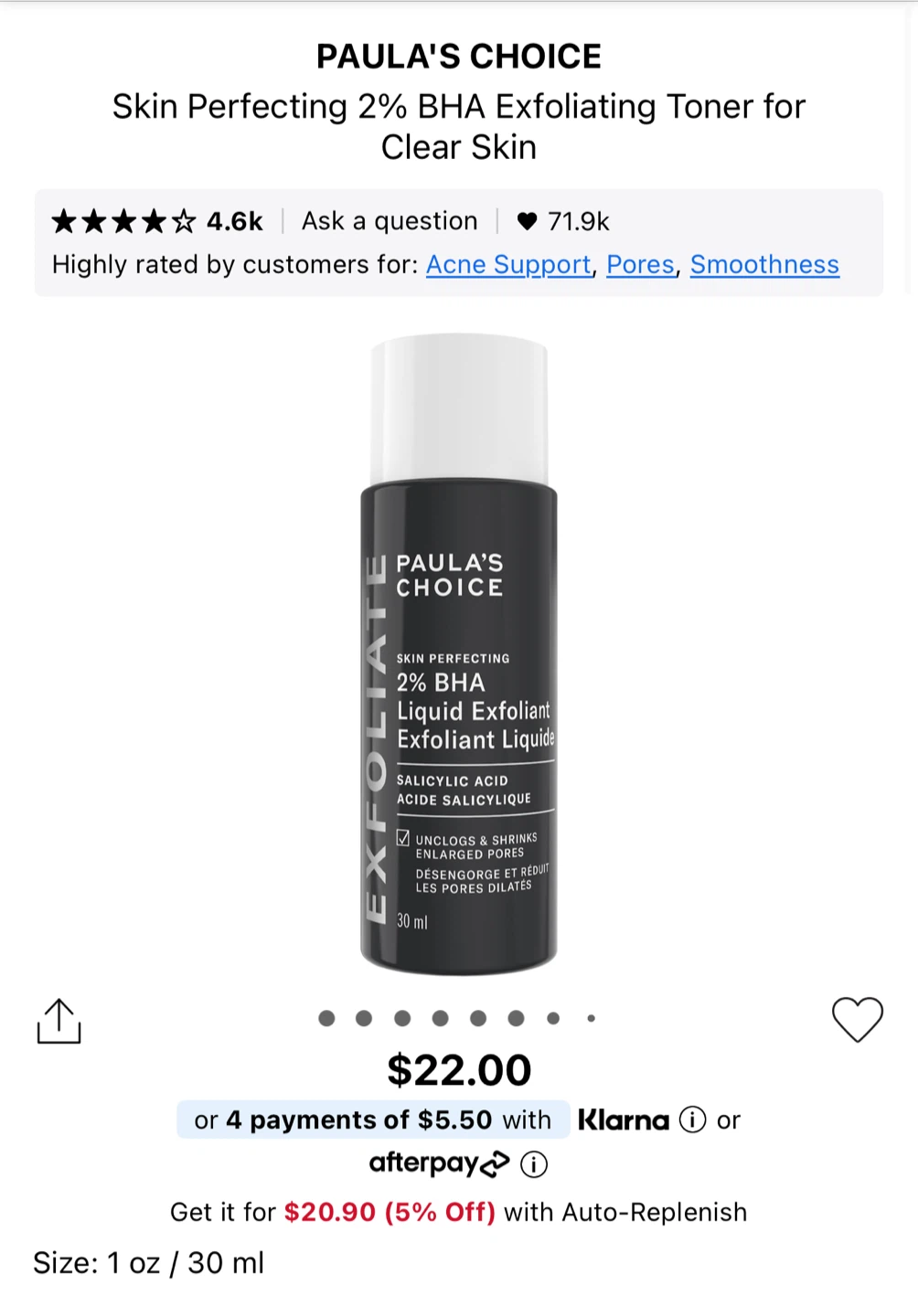 Paula's Choice Skin Perfecting 2% BHA Exfoliating Toner 30ml