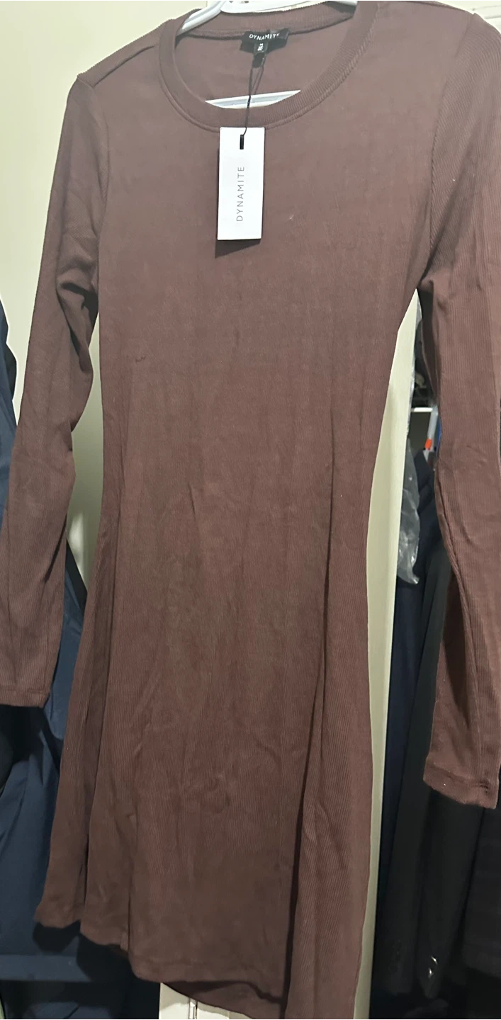 Dynamite Long Sleeve Ribbed Open Back Dress - Brown