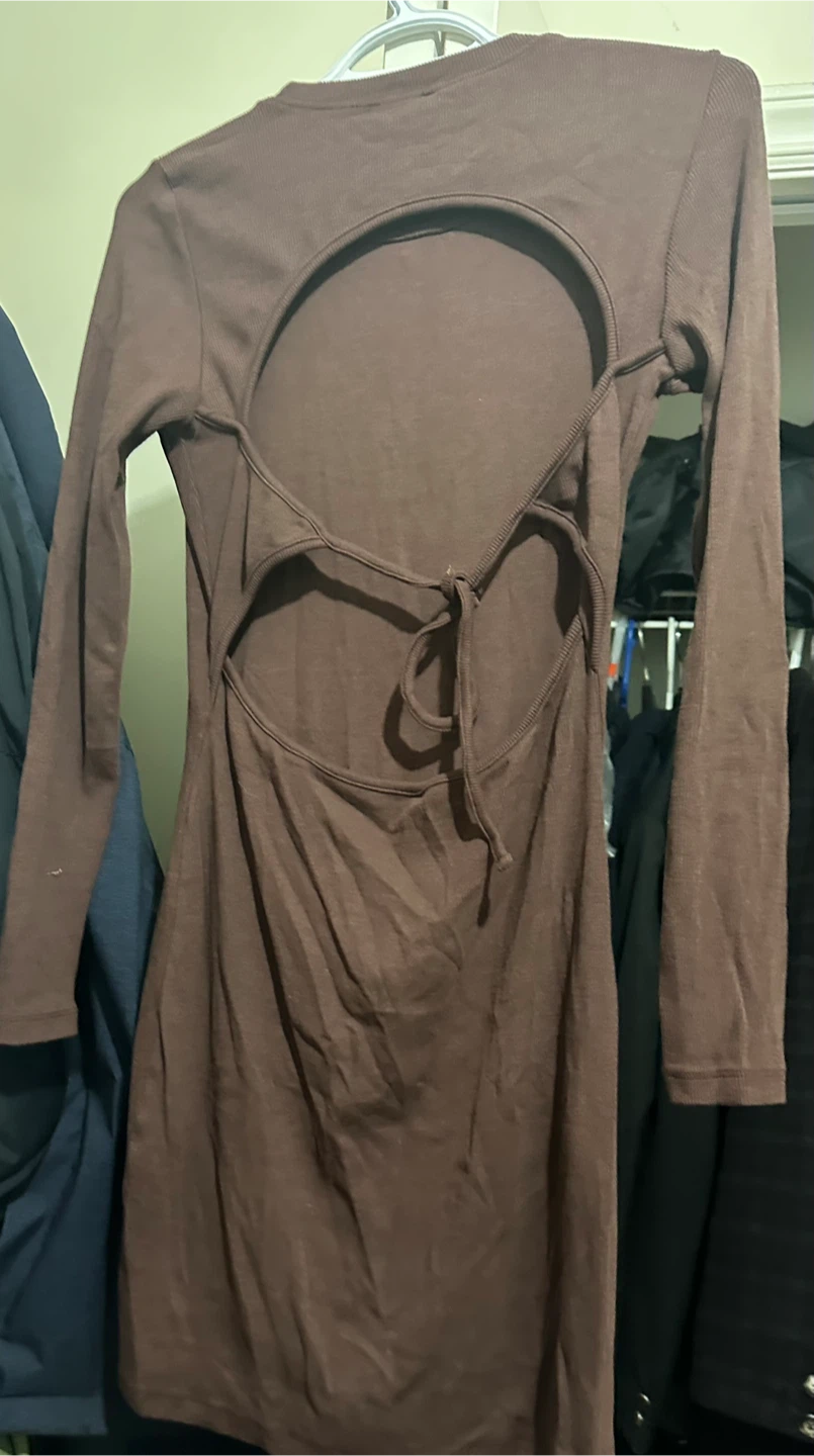 Dynamite Long Sleeve Ribbed Open Back Dress - Brown - photo 2