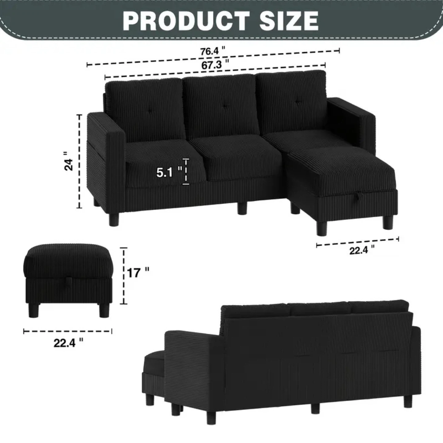 Black Sectional Sofa - photo 3