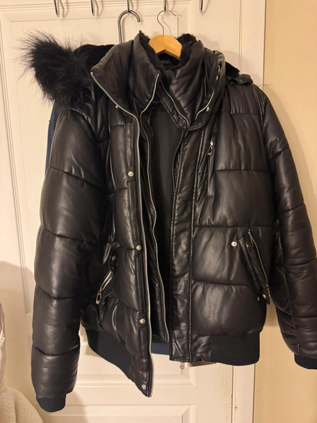Black Puffer Jacket with Faux Fur Trim