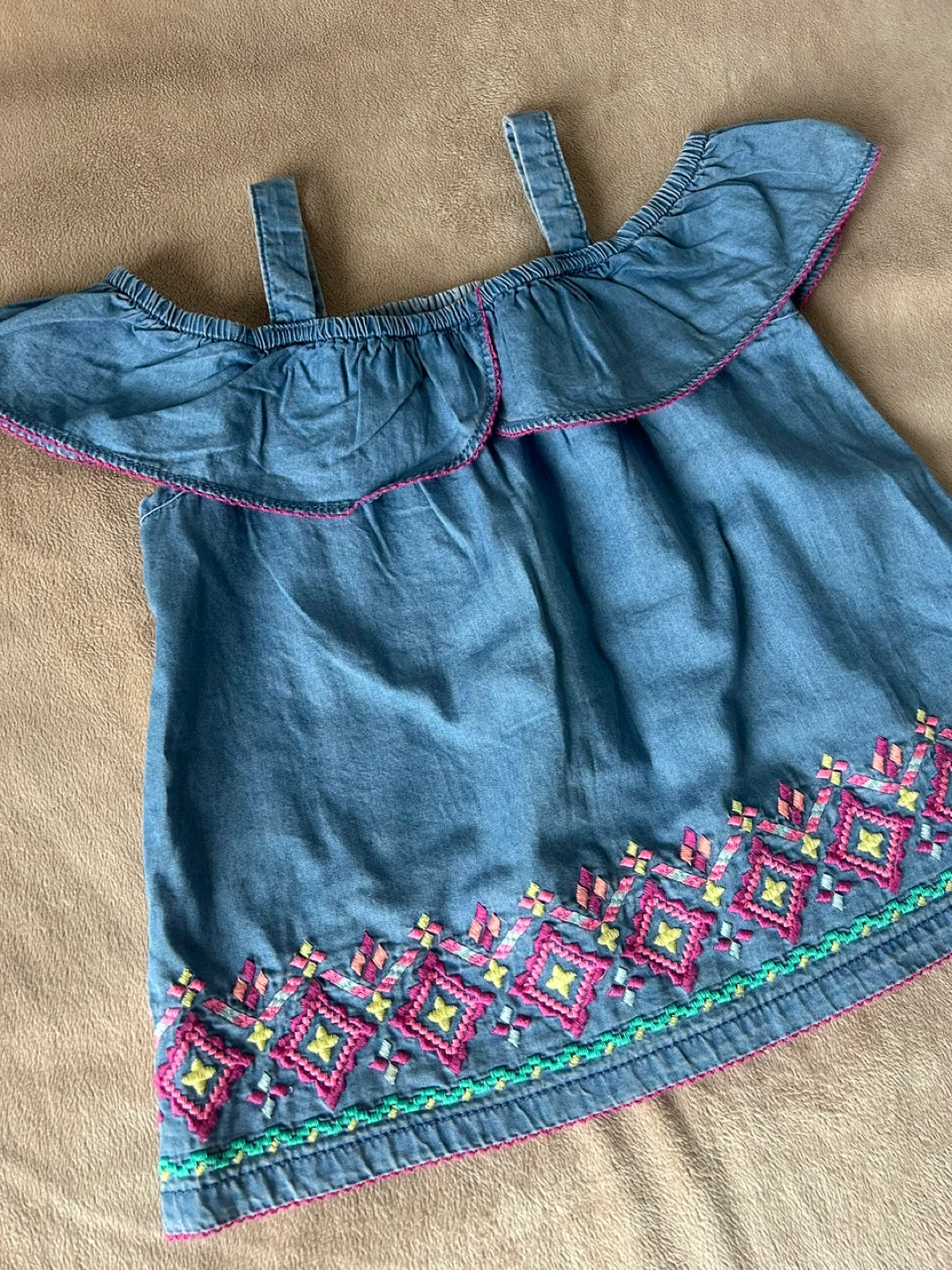 Denim Off-the-Shoulder Top with Embroidery 6-7Y - photo 2