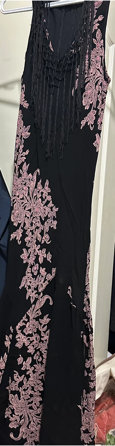 Lila P. Black Floral Print Rayon Dress with Fringe