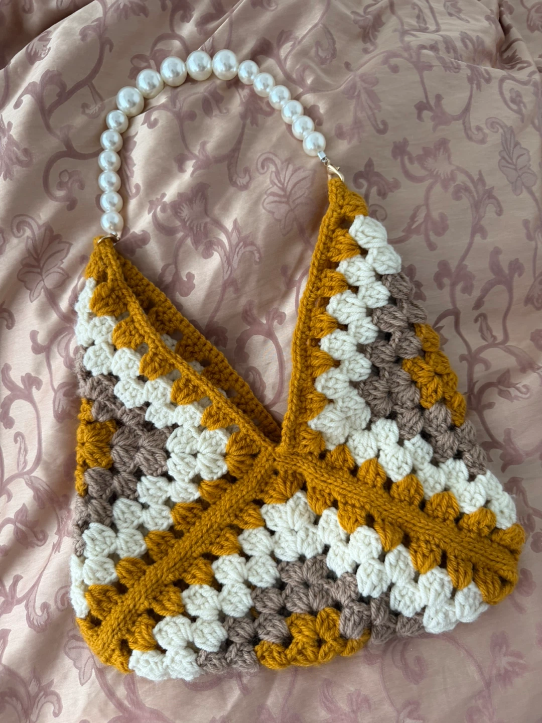 Handmade Crochet Granny Square Bag with Pearl Strap