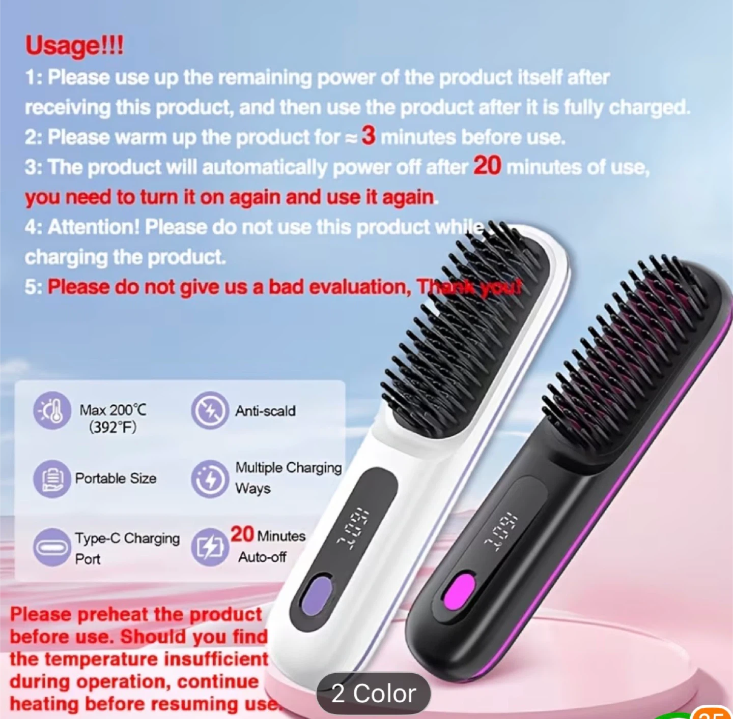 USB Rechargeable Hair Straightener Comb - photo 3