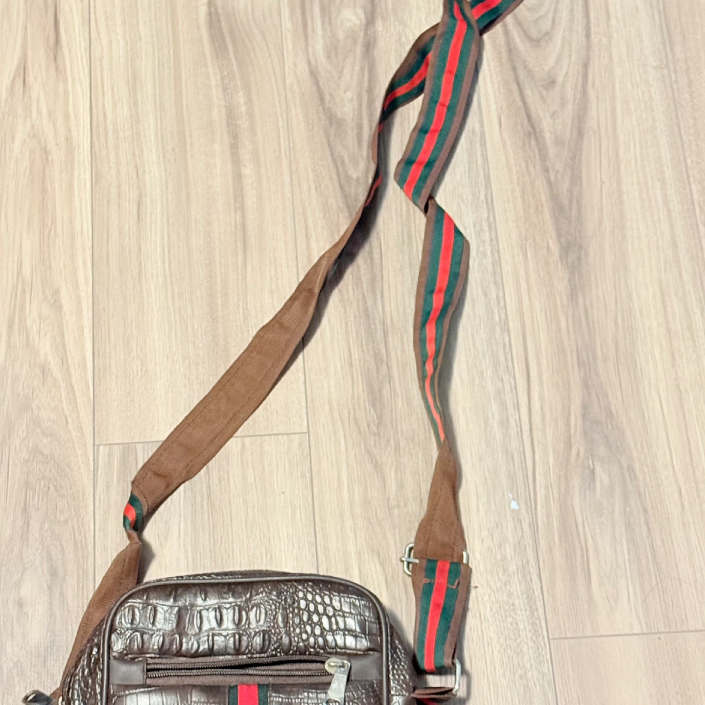 Brown Croc Embossed Shoulder Bag with Red & Green Stripe - photo 2