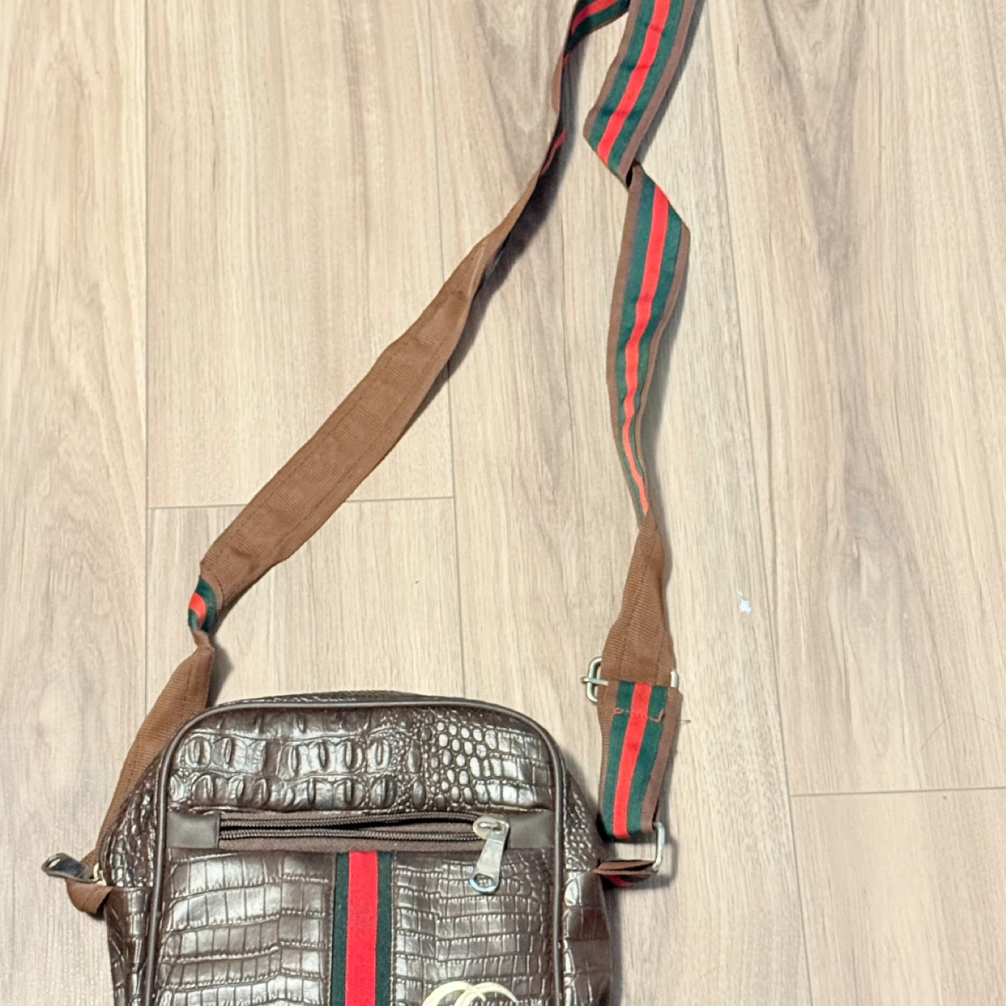 Brown Croc Embossed Shoulder Bag with Red & Green Stripe