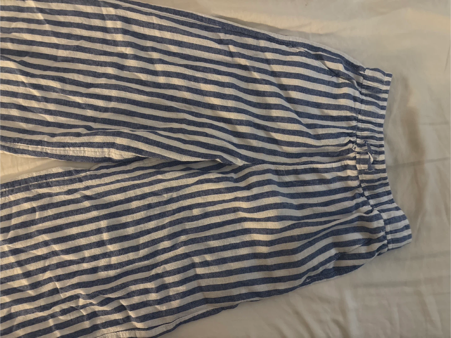 Blue and White Striped Linen Blend Pants
