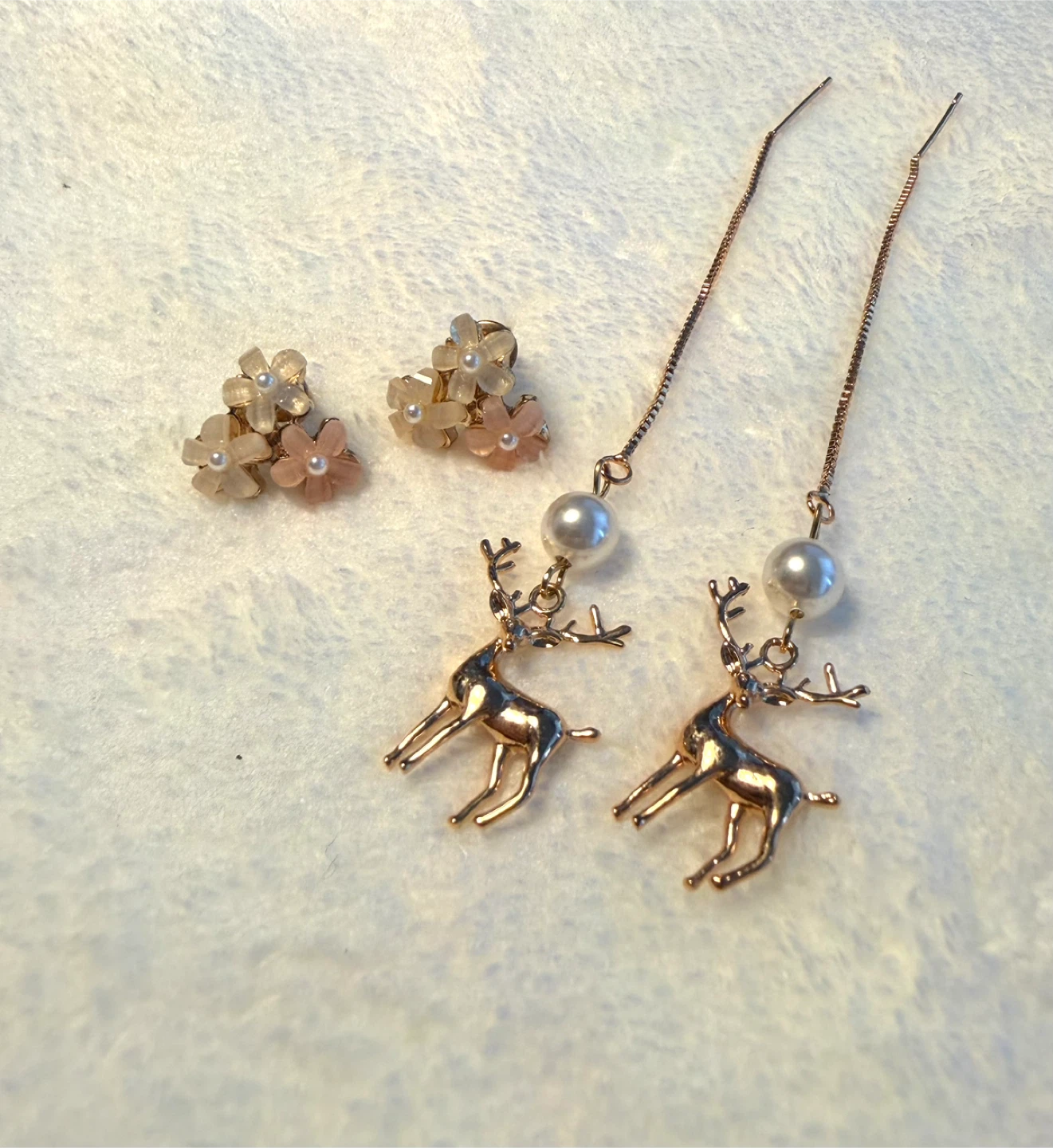 Gold Tone Deer & Pearl Threader Earrings+ pink flower earrings