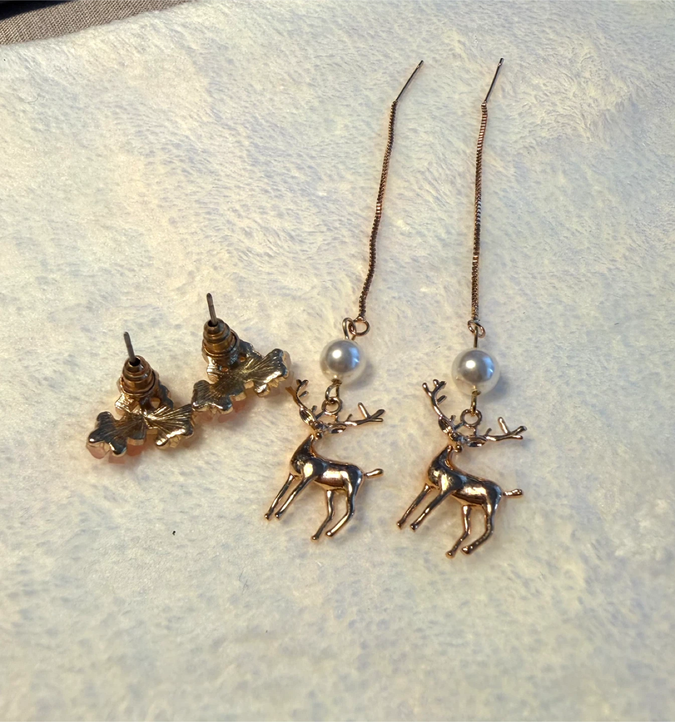 Gold Tone Deer & Pearl Threader Earrings+ pink flower earrings - photo 2