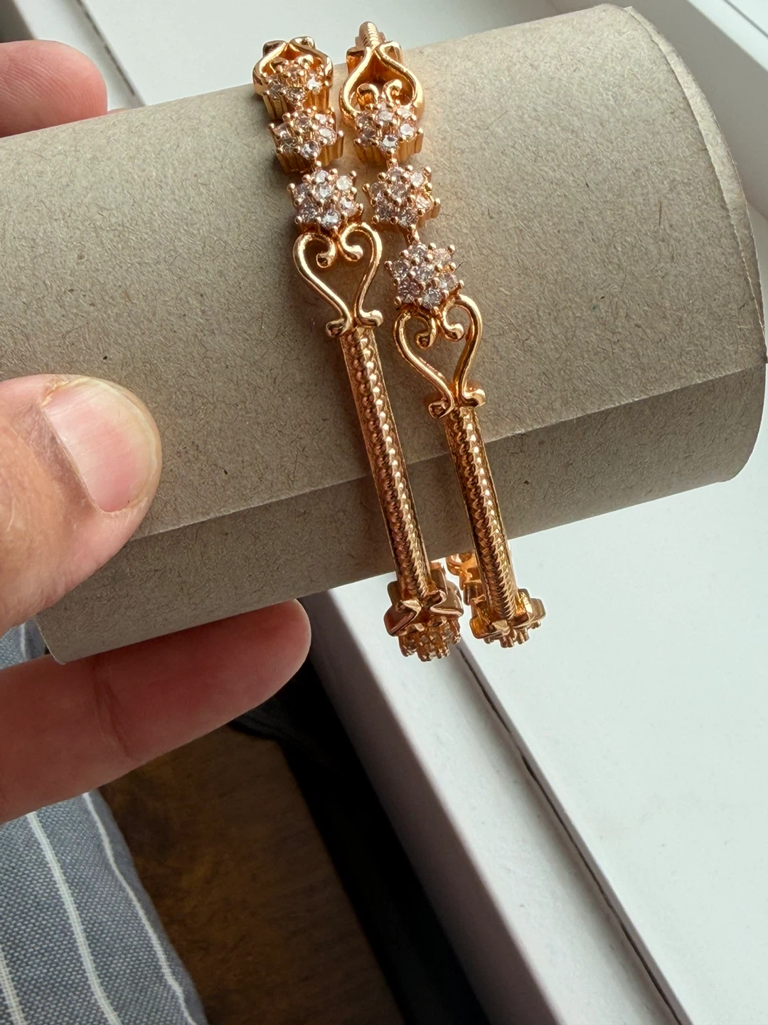 Rose Gold Tone Bangle Bracelet with Crystals - photo 2