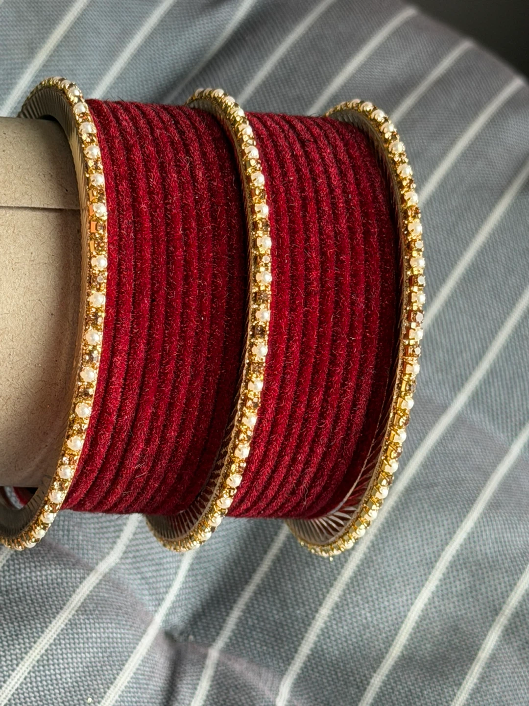 Red Velvet Bangles with Gold Trim and Pearls