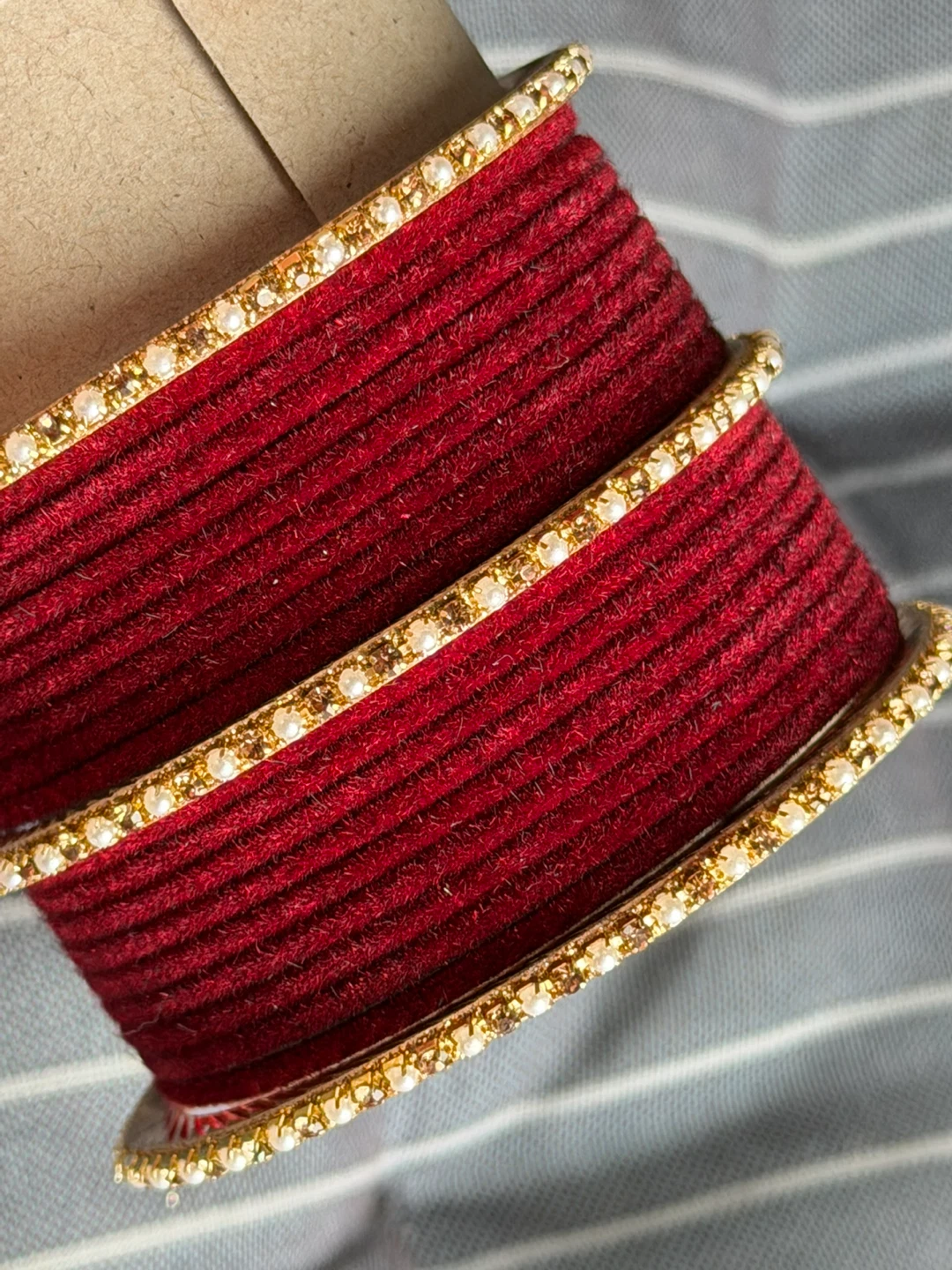 Red Velvet Bangles with Gold Trim and Pearls - photo 2