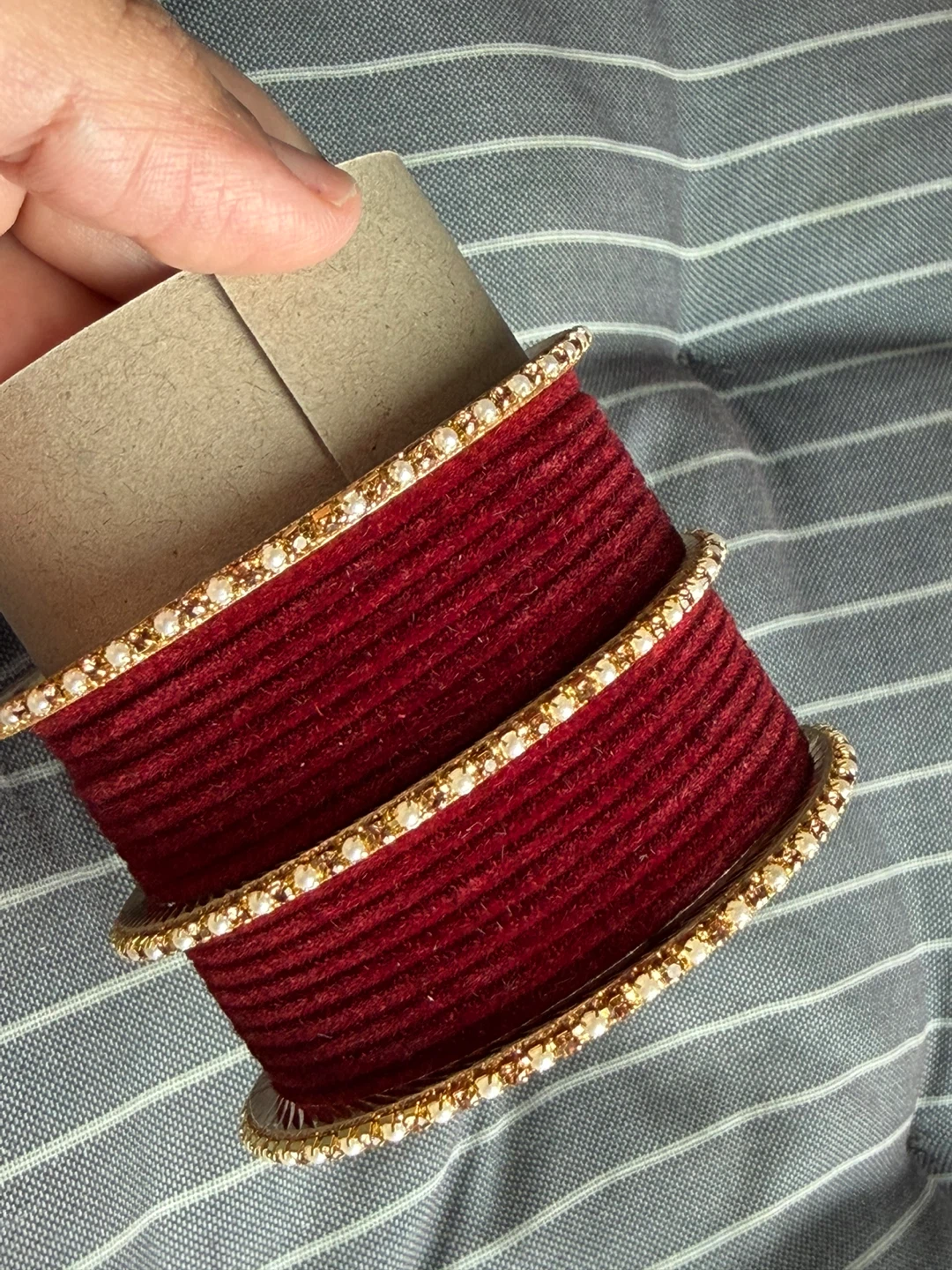 Red Velvet Bangles with Gold Trim and Pearls - photo 3