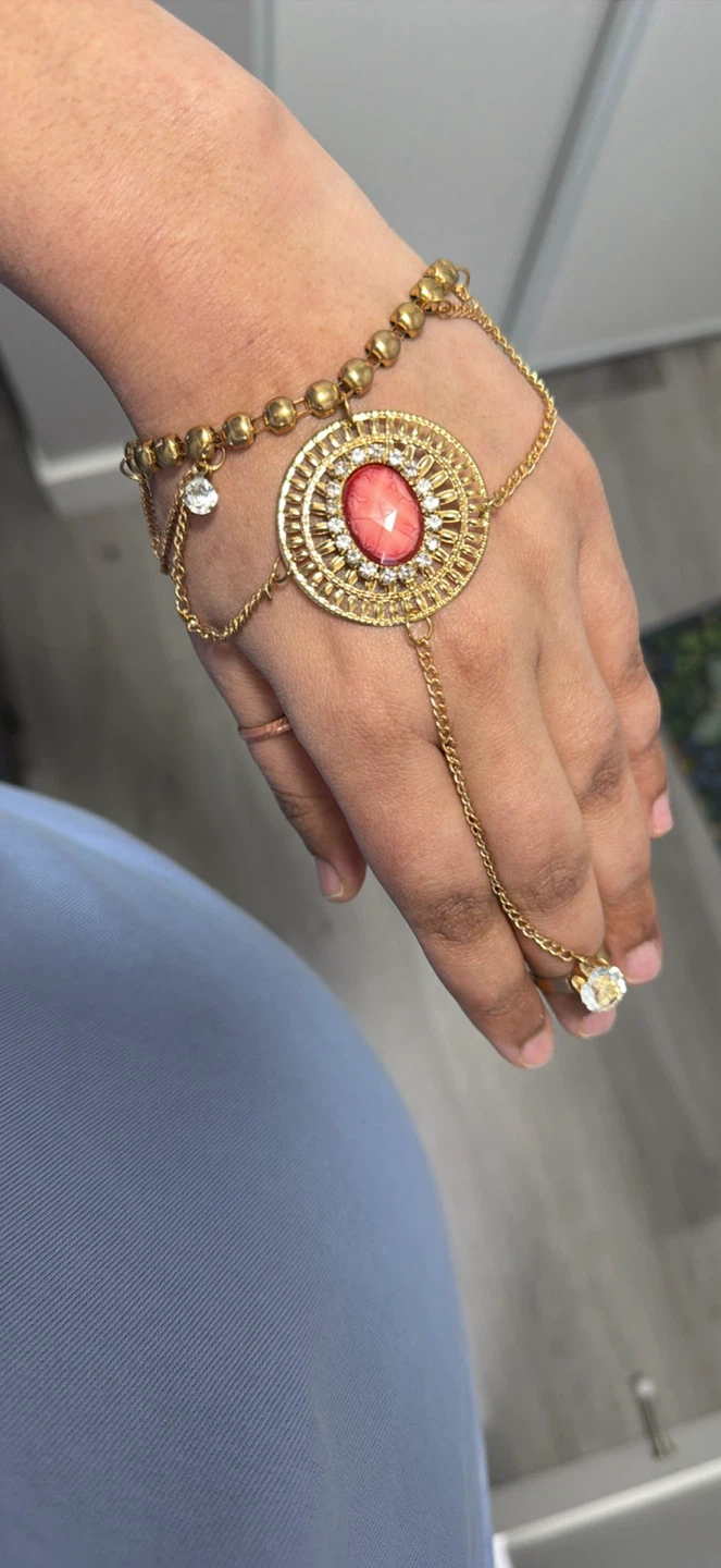 Gold Hand Chain Bracelet with Pink Gem - photo 2
