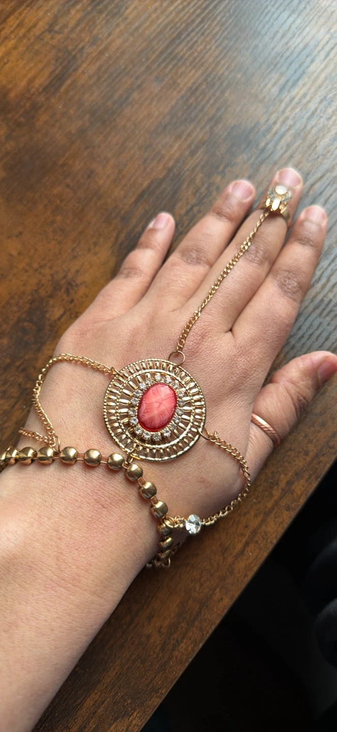 Gold Hand Chain Bracelet with Pink Gem