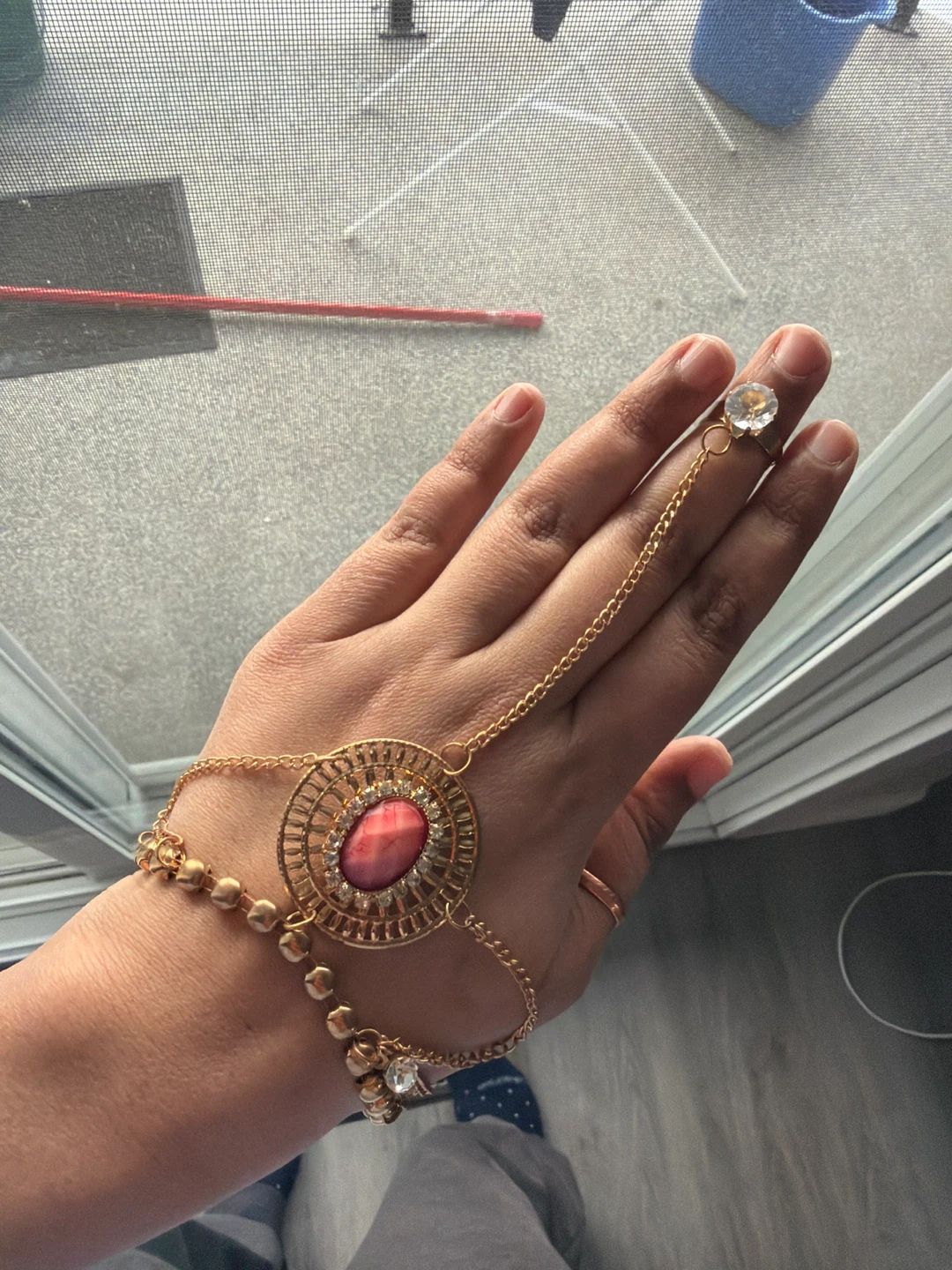 Gold Hand Chain Bracelet with Pink Gem - photo 3