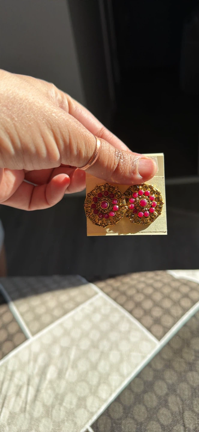 Gold Tone Round Earrings with Red and Clear Stones