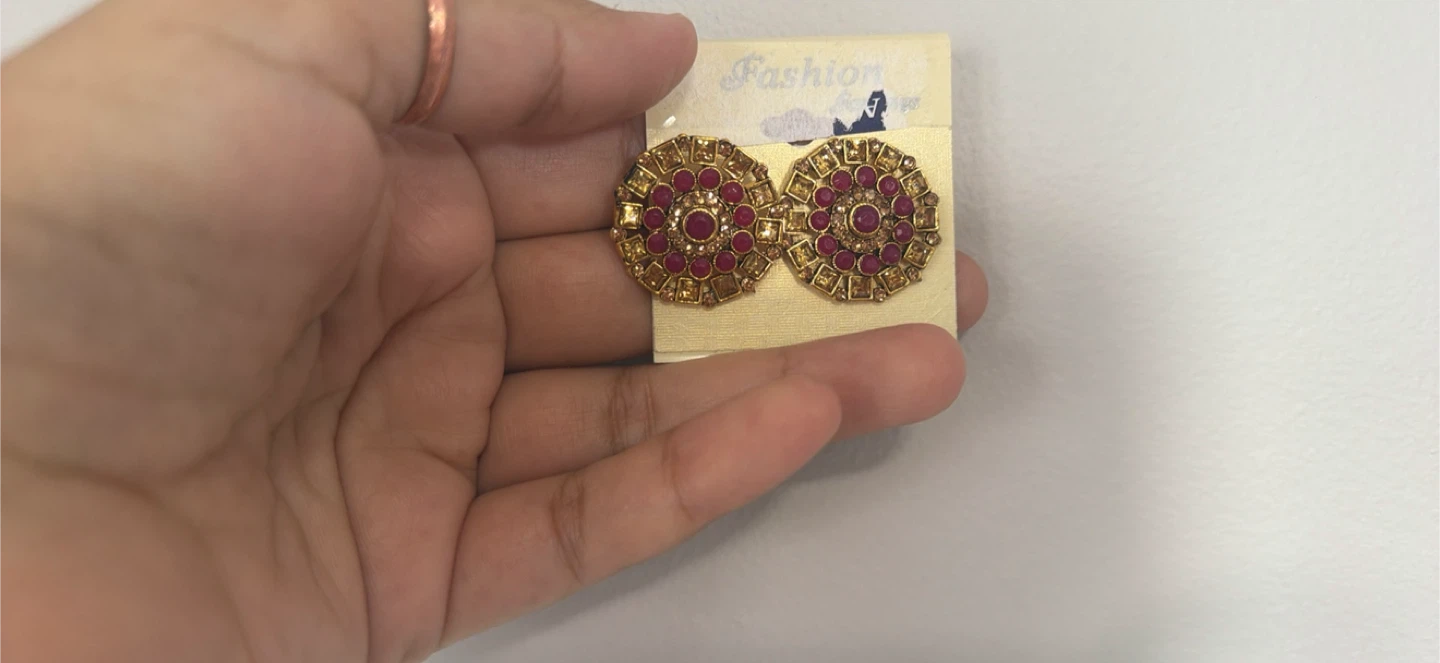Gold Tone Round Earrings with Red and Clear Stones - photo 3