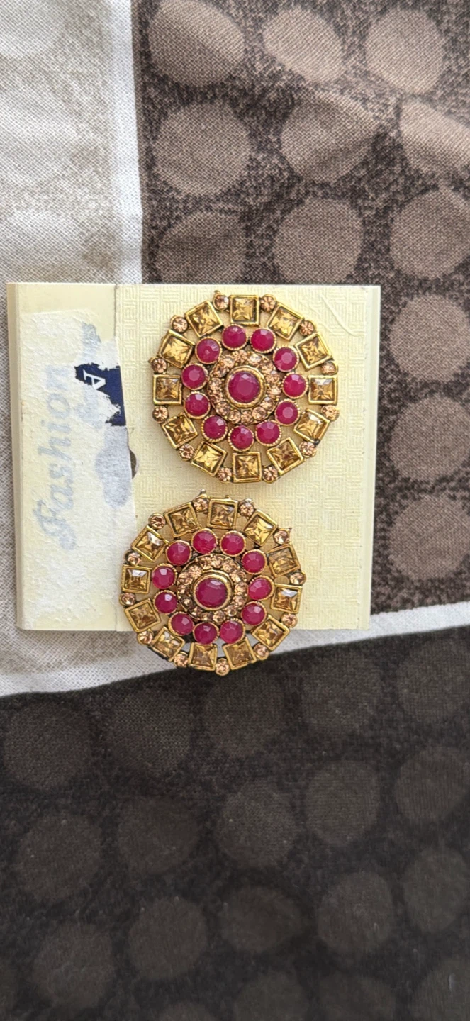 Gold Tone Round Earrings with Red and Clear Stones - photo 2