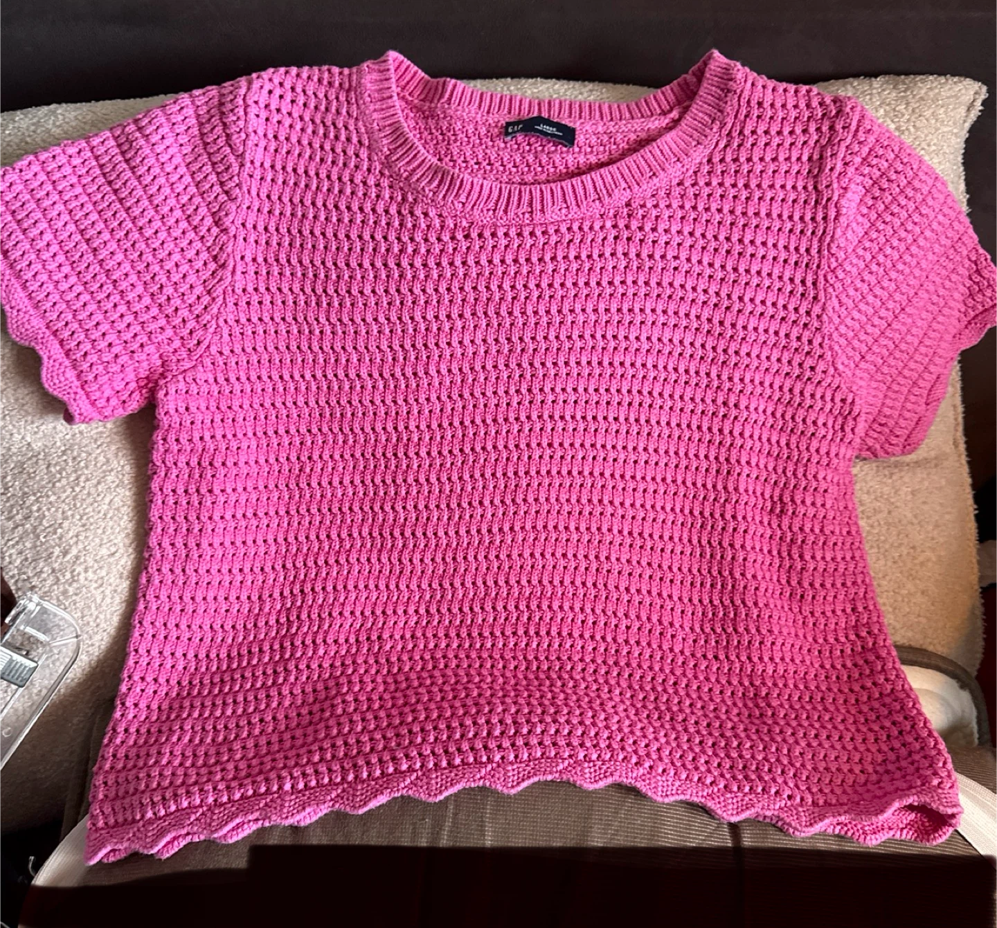 GAP Pink stretchy Crocheted Knit Short Sleeve Top - Size Large