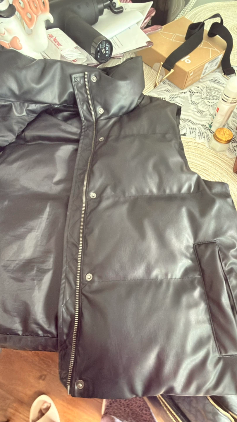 Black Faux Leather Puffer Vest