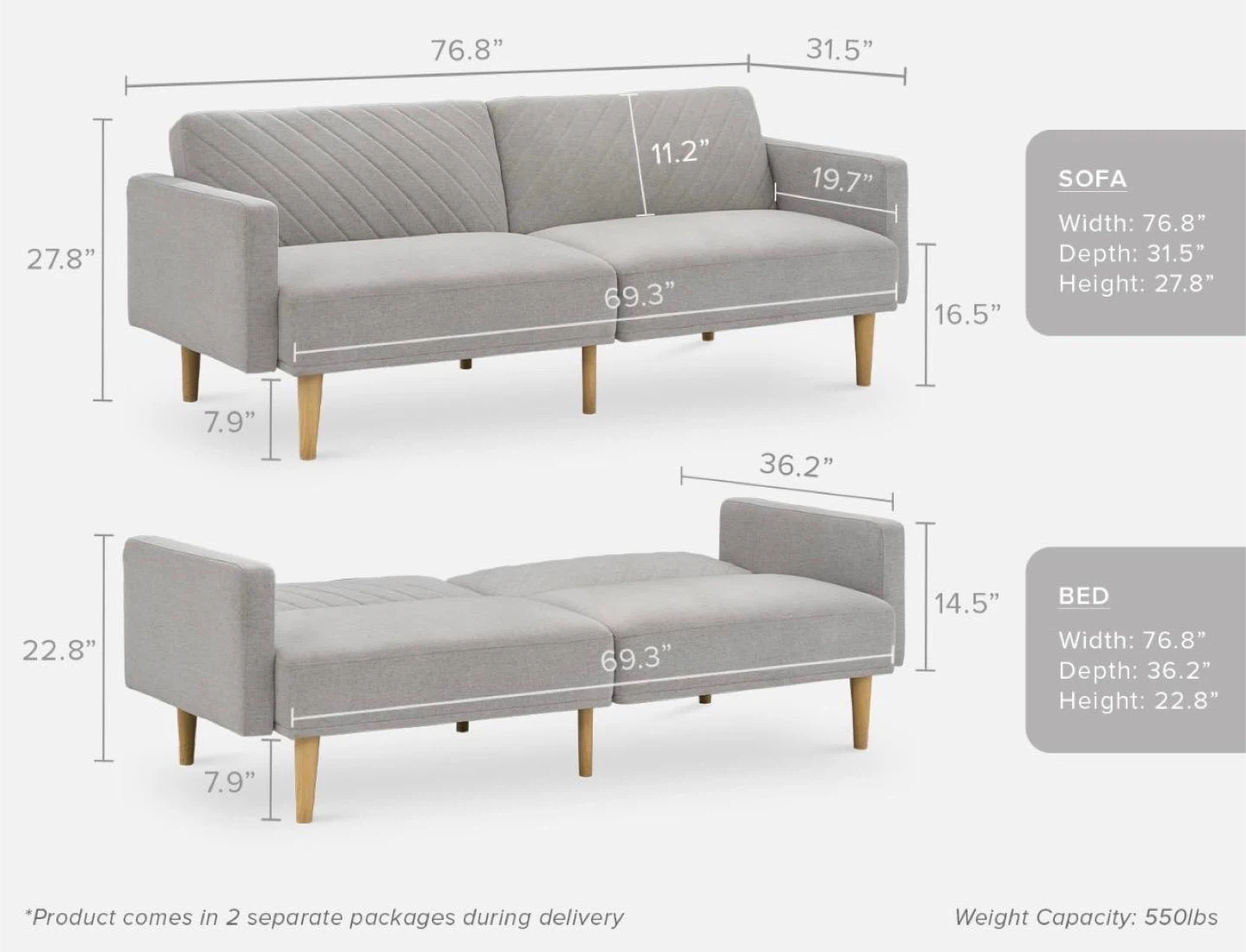 Convertible Sofa Bed - Beige Fabric - photo 3