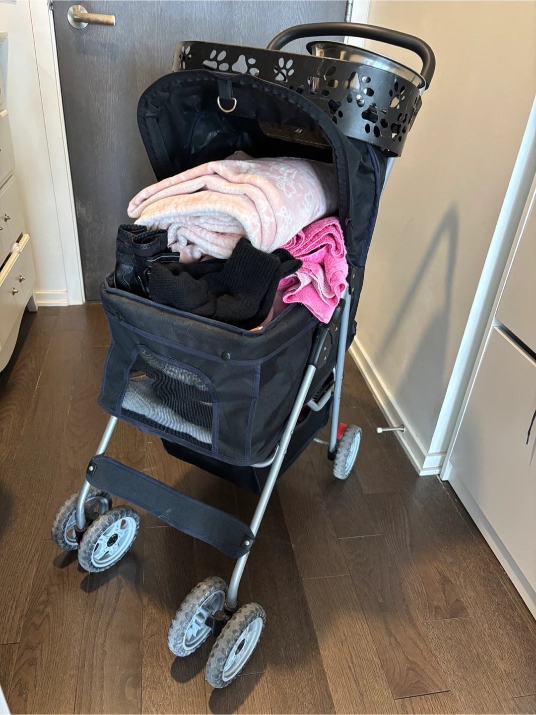 Black Pet Stroller + Purina One kibble and cans + necessities
