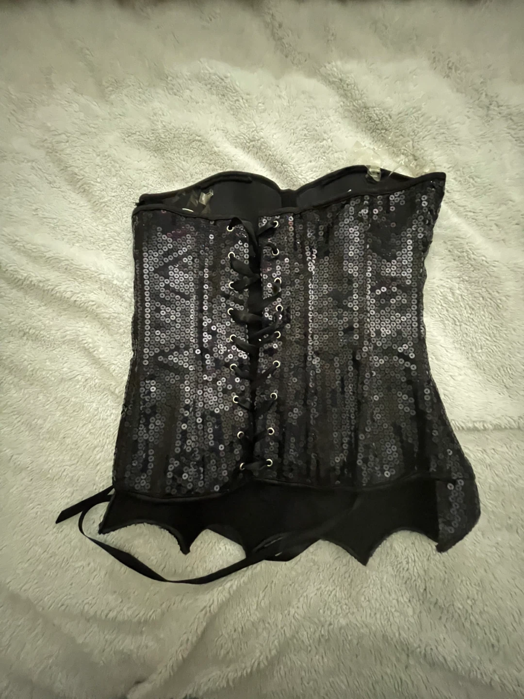 Black Sequin Corset with Bat Wing Detail