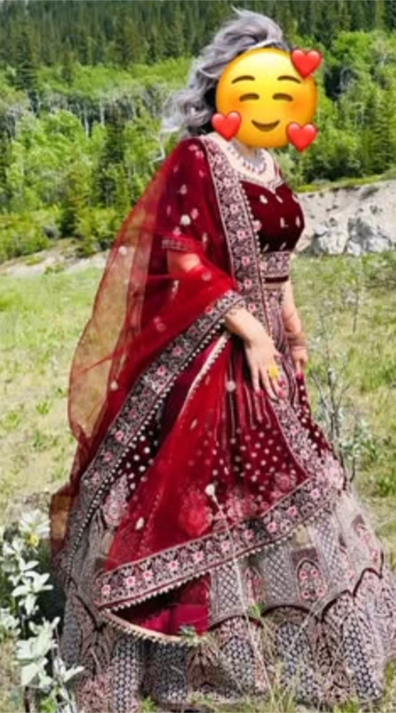 Women's Red Velvet Lehenga with Intricate Embroidery