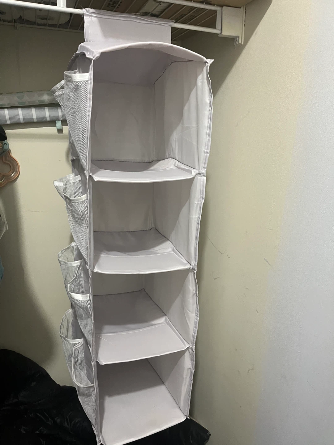 Grey Hanging Closet Organizer with 4 Shelves and 4 Side Pockets