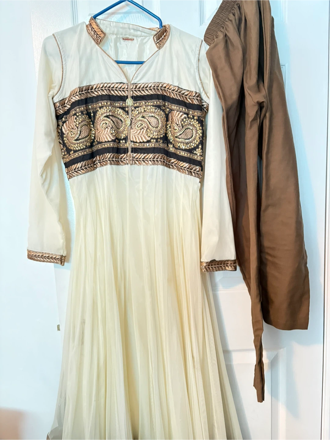 Cream and Gold Embroidered Anarkali Dress with Brown Pants