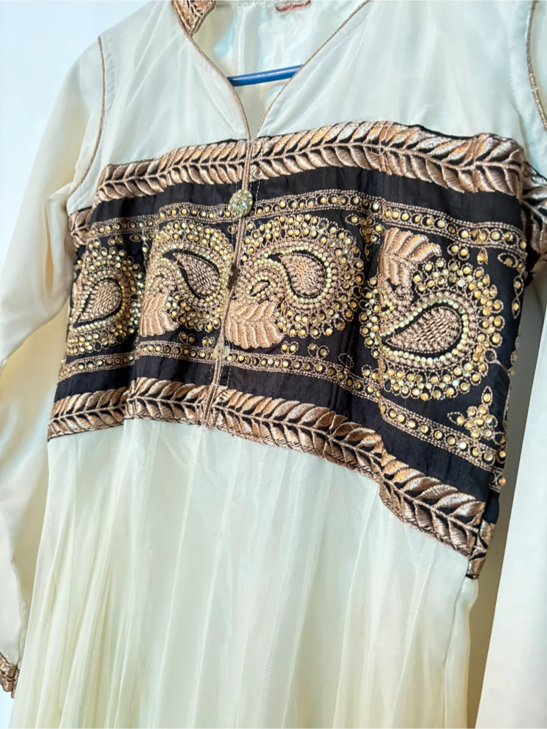 Cream and Gold Embroidered Anarkali Dress with Brown Pants - photo 2