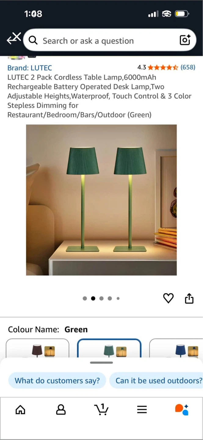 LUTEC 2 Pack Cordless Rechargeable Table Lamps - Green